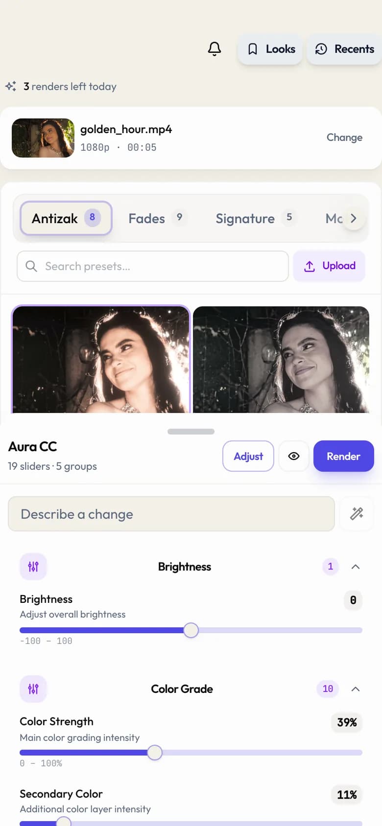 The YouPro color correction page on a phone, with Aura CC selected and ready to render