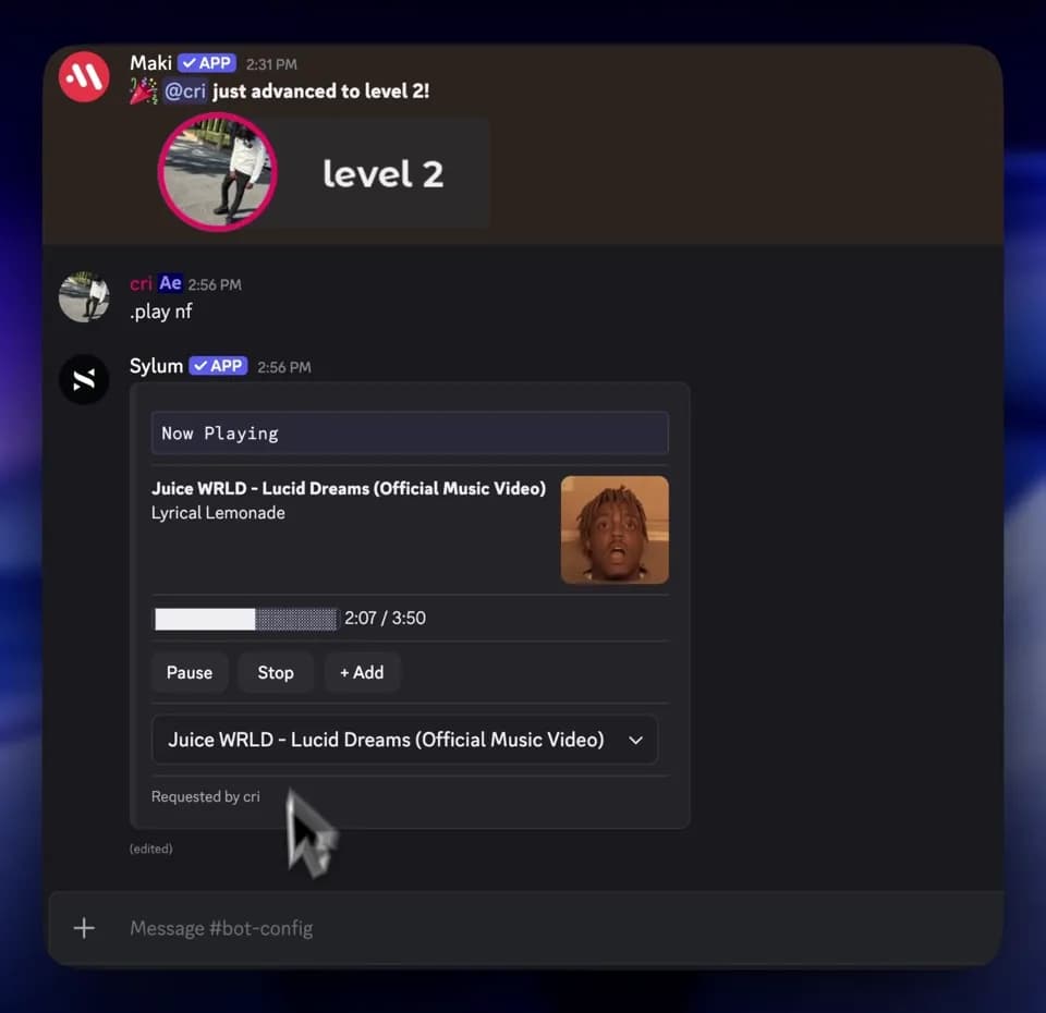 The Sylum bot playing music in a Discord server